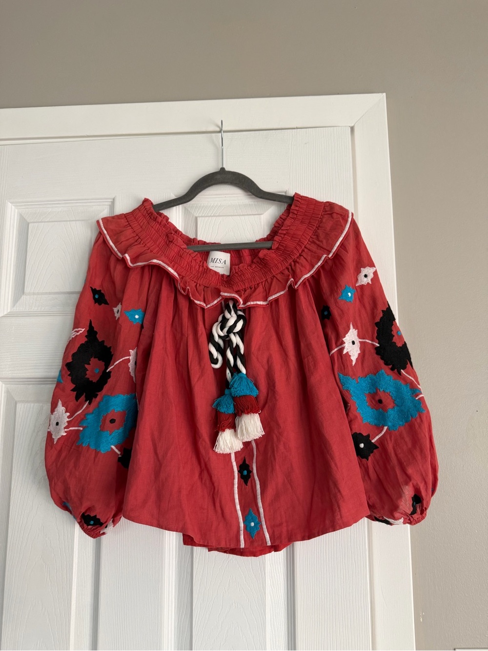 Misa Red Embroidered Tassel Off Shoulder Blouse Top